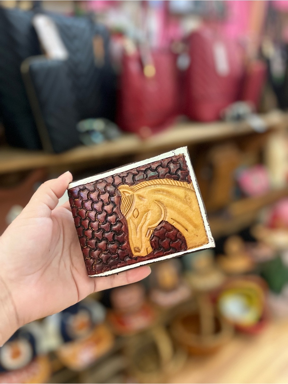 Hand Crafted Tooled Leather Horse Card Holder - Brown & Tan